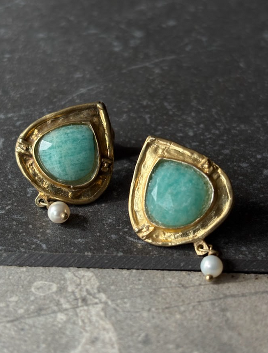 Aros de Plata Bañada en Oro con Amazonita y Perla