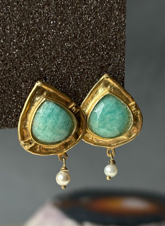 Aros de Plata Bañada en Oro con Amazonita y Perla