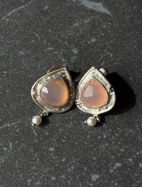 Aros de Plata con Cuarzo Rosado y Perlas